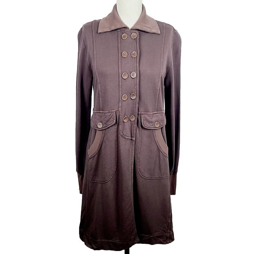 XCVI Longline Jacket S Brown Knit Double Breasted Leather Buttons Pockets